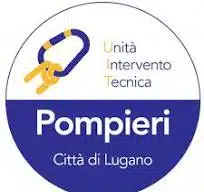 Soccorso Alluvionale e Fluviale Europa Logo circolare con moschettone e chiavi, simbolo di operazioni sicure, con la scritta: Pompieri Città di Lugano, Unità Intervento Tecnica. S.A.F.E.® - River Rescue