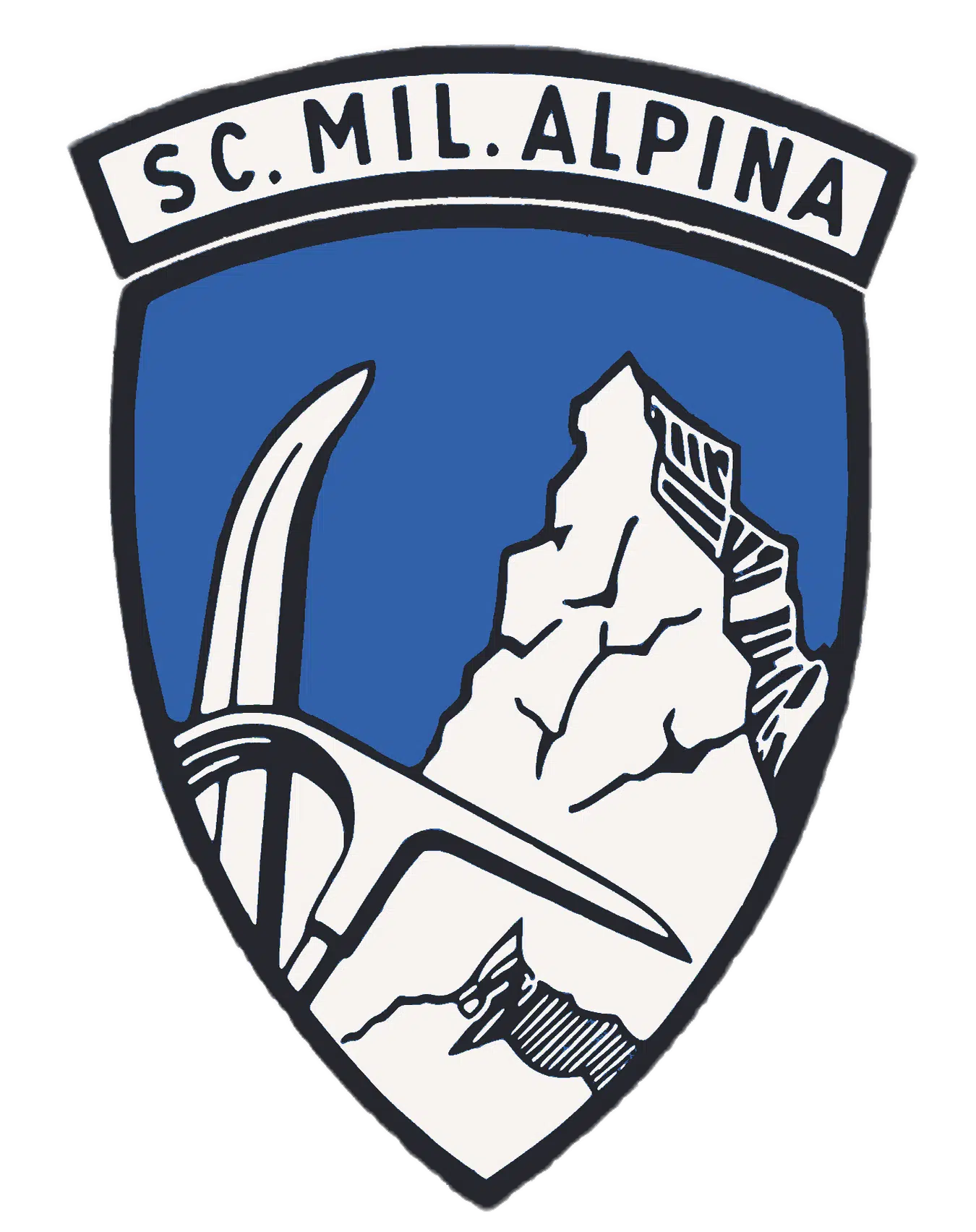 Soccorso Alluvionale e Fluviale Europa Un logo a forma di scudo di sicurezza raffigurante SC. MIL. ALPINA con una montagna, una piccozza e un'aquila in bianco e blu. S.A.F.E.® - River Rescue
